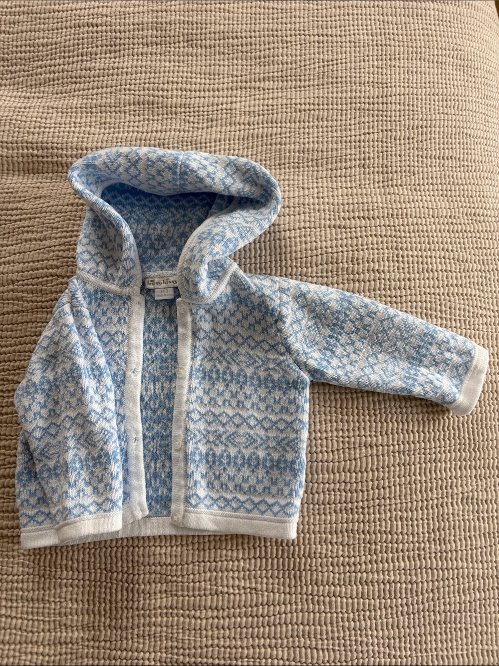 Kissy Kissy Hooded Knit Cardigan - Light Blue & White